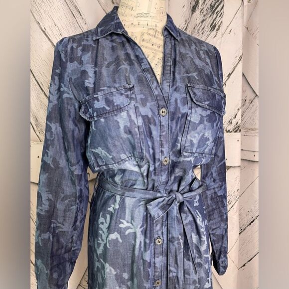 Blue Camo Maxi Dress Button Down Belted S - Picture 4 of 5